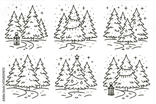 Christmas Tree Forest outline icon set: frosty woodland, mixed fir sizes, crystal lights, snow trails, reindeer tracks, decorated trees, cozy lanterns, shimmering snowfall.