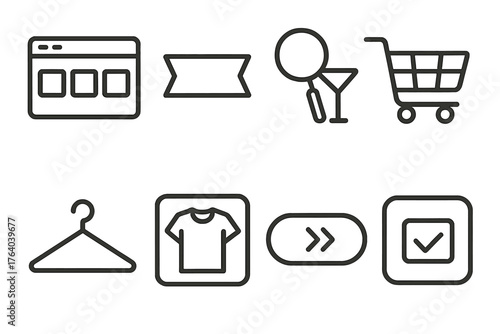Virtual Catalog Design outline icon set: item gallery, collection banner, search filter, shopping icon, style category, product thumbnail, call-to-action button, checkout shortcut.