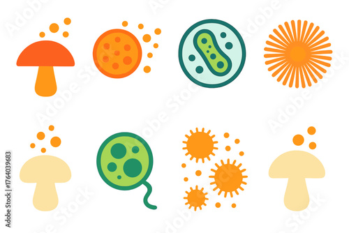 Spore flat icons: mushroom silhouette, airborne particles, microscopic view, circular colony, spore print, puffball mushroom, algae cell, pollen release.