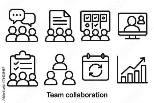 Team Collaboration outline icon set: group chat, shared document, project board, video call, task checklist, team avatar icons, calendar sync, progress chart.