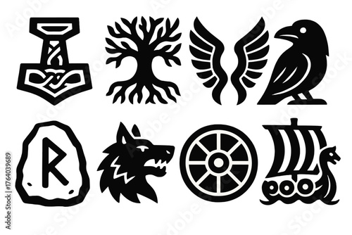 Norse Legends silhouette set: Mjölnir hammer, Yggdrasil tree, Valkyrie wings, raven, rune stone, wolf, shield, longship.