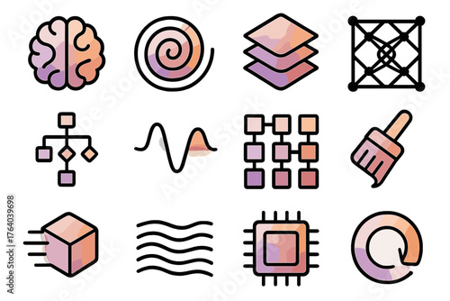 Modern Generative Models outline icon set: gradient brain, geometric swirl, layered data field, sleek neural grid, clean algorithm line, elegant waveform, structured matrix,