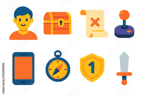 Adventure Gaming flat icons: character avatar, treasure chest, quest scroll, joystick, smartphone, compass, level badge, sword icon.