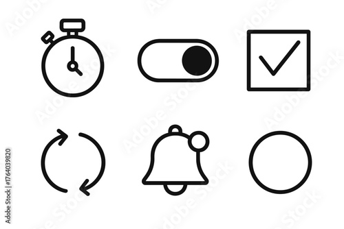 Quick poll outline icon set: stopwatch, toggle switch, checkbox, arrow loop, bell notification, circle.