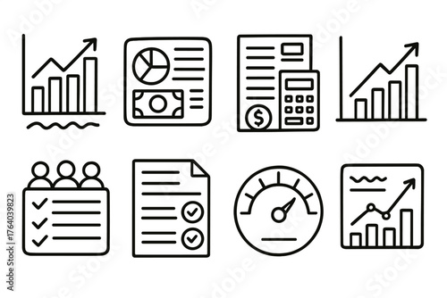 Business Budgeting Tools set of icons in doodle hand-drawn vector style: profit and loss chart, cash flow dashboard, project expense sheet, revenue growth graph, team budget