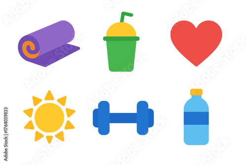 Wellness Habits flat icons: yoga mat, smoothie cup, heart icon, dumbbell, sun, water bottle.