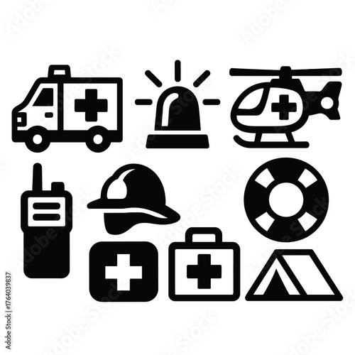 Emergency Deployment silhouette set: ambulance, siren light, rescue helicopter, lifebuoy, walkie-talkie, firefighter helmet, first aid kit, tent.