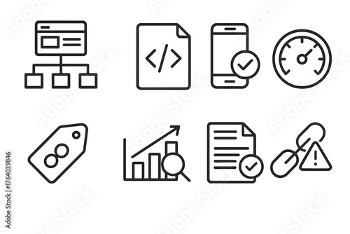 Technical E-Commerce SEO outline icon set: sitemap icon, schema markup code, mobile optimization badge, page speed gauge, canonical link tag, crawl index chart, site audit report,