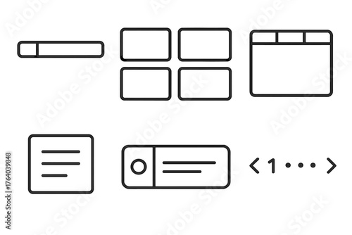 UI Patterns outline icon set: navigation bar layout, card grid design, modal popup window, tabbed content panel, dropdown menu icon, input form field, notification toast,