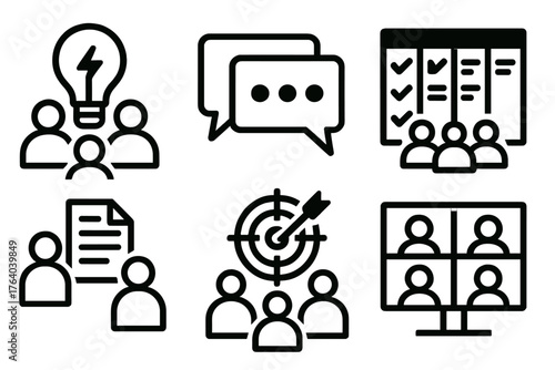 Team Collaboration silhouette set: brainstorming icon, chat window, shared workspace, task management board, file sharing symbol, team discussion, goal tracker, meeting screen.