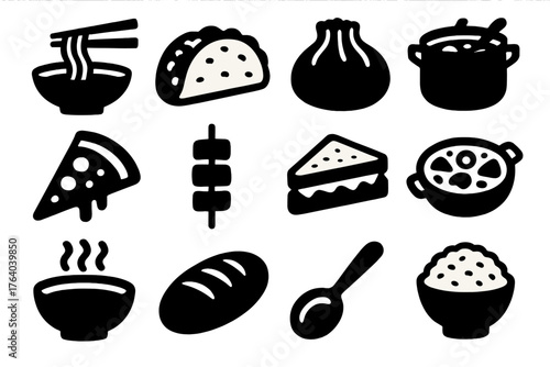 Global Comfort Food silhouette set: ramen bowl, taco, dumpling, curry pot, pizza slice, kebab, sandwich, paella pan, soup bowl, bread loaf, sauce spoon, rice bowl.