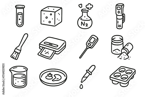 Experimental Cooking set of icons in doodle hand-drawn vector style: test tube, gel cube, nitrogen flask, immersion circulator, plating brush, vacuum sealer, digital thermometer,