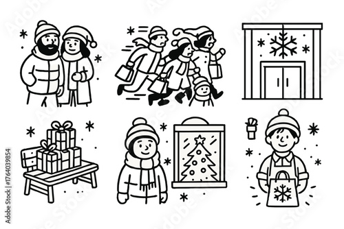 Holiday Shoppers set of icons in doodle hand-drawn vector style: cozy shopper couple, rushing crowd, snowflake mall decor, gift stack on bench, holiday shop clerk, bundled child,