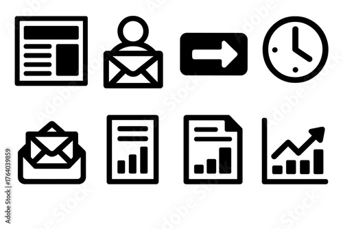 Marketing Emails silhouette set: newsletter layout, subscriber icon, call-to-action button, schedule clock, mail inbox, campaign report, reply arrow, stats graph.