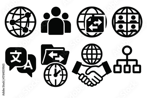 Global Collaboration silhouette set: world map network, international team icons, video conference globe, cross-border file sharing, multilingual chat bubbles, timezone clock badge