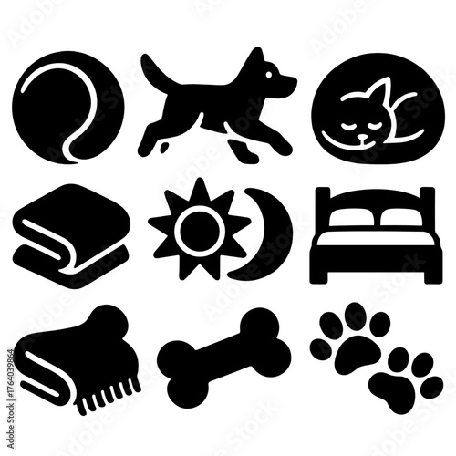 Play & Rest silhouette set: ball toy, running dog, sleeping cat, cozy bed, blanket, sun and moon, chew toy, paw trail.