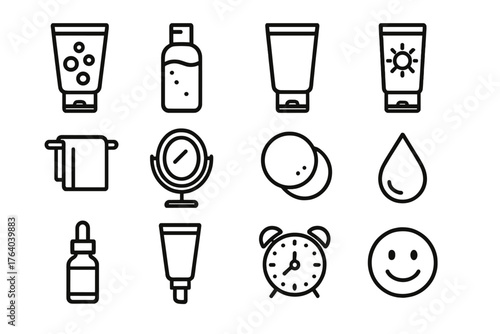 Morning Skincare Routine outline icon set: cleanser, toner, moisturizer, sunscreen, face towel, mirror, cotton pad, water droplet, serum bottle, eye cream, clock, smile icon.