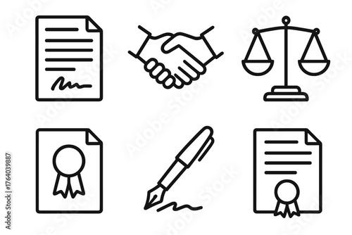 Civil Law outline icon set: contract document, handshake, balance scale, signature pen, agreement file, legal ribbon.