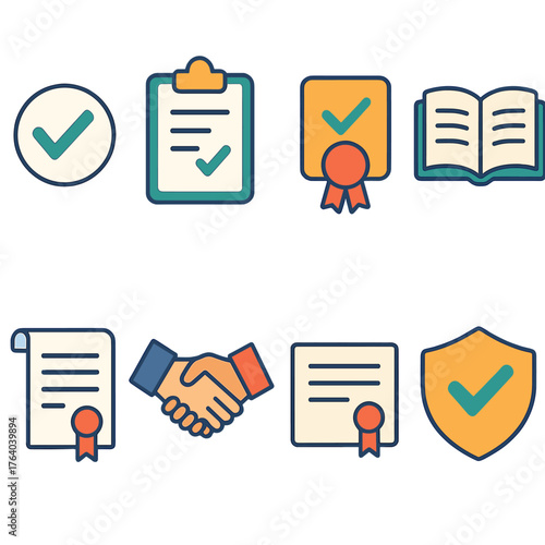 Confirmation flat icons: checkmark, clipboard, certificate, ribbon badge, open book, contract with seal, handshake, shield with check.