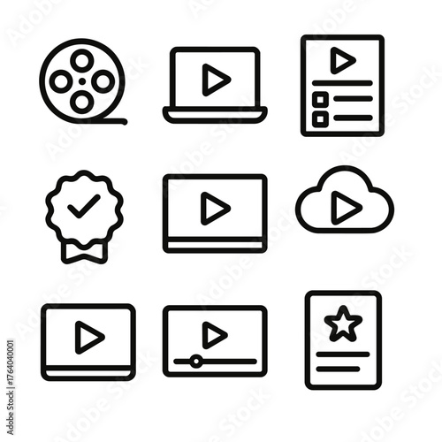 Streaming Media outline icon set: movie reel, laptop screen, episode list, cloud storage, subscription badge, video frame, playback controls, watchlist.