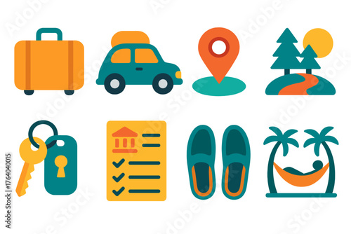 Quick Escapes flat icons: travel bag, road trip car, destination pin, nature trail, hotel key, sightseeing list, travel shoes, relaxation icon.
