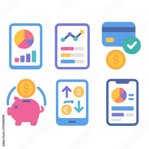 Finance Apps flat icons: account analytics, portfolio dashboard, expense list, credit card manager, savings milestone, transaction overview, currency tracker, mobile interface.