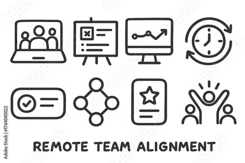 Remote Team Alignment set of icons in doodle hand-drawn vector style: virtual meeting icon, shared project board, milestone sync dashboard, time zone clock, status update badge,