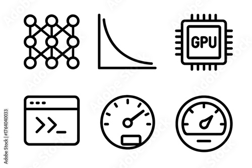 Model Training outline icon set: neural network, gradient curve, GPU chip, code terminal, learning rate dial, accuracy gauge.