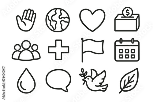 Humanitarian Efforts set of icons in doodle hand-drawn vector style: helping hand, globe, heart, donation box, people group, medical cross, flag, calendar, water drop, chat bubble,