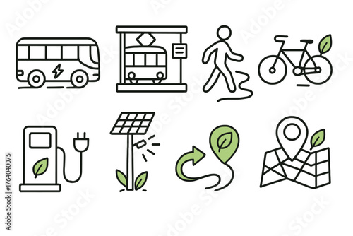 Sustainable Urban Transit set of icons in doodle hand-drawn vector style: electric bus, tram station, walking path, shared bike, charging station, solar light, eco route, smart map