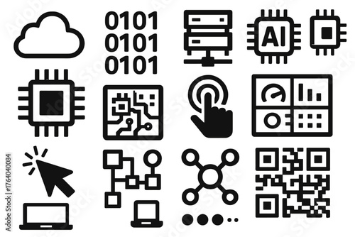 Digital Syncing silhouette set: cloud, binary code, server, AI chip, microchip, circuit board, dashboard, touchscreen, cursor, flowchart, network nodes, QR code, laptop, smartphone