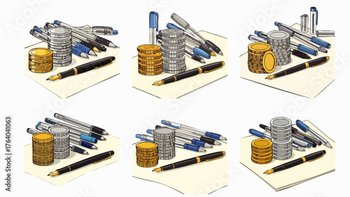 A collection of pens, coins, and a fountain pen arranged on a white surface, depicting financial concepts and office supplies.