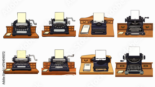 Illustration of various antique typewriters with paper inserted, set against a wooden desk background, capturing vintage writing.