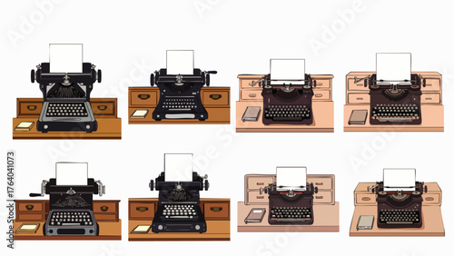 A collection of vintage typewriters on desks, showcasing the classic design and evoking a sense of nostalgia for writing and communication.
