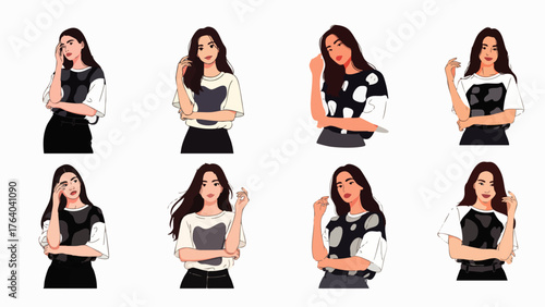 A set of illustrations showcasing a young woman in various poses, expressing different emotions and gestures with a stylish outfit.