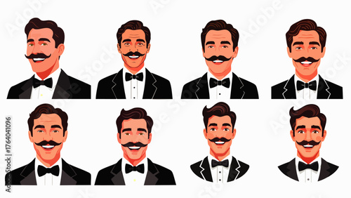 Collection of illustrations showcasing diverse men with various mustache styles, formal attire, and bow ties, perfect for design.