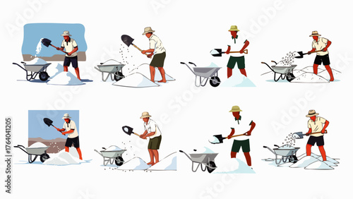 A series of illustrations depicting a man shoveling salt into a wheelbarrow, demonstrating a manual labor process with tools.