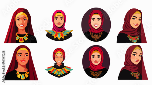 A collection of illustrated portraits showcasing diverse Muslim women with hijabs and traditional jewelry, smiling warmly.