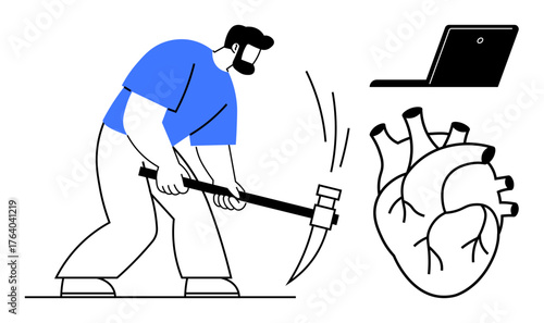 Man wielding sledgehammer targeting heart, symbolizing emotional impact or work stress. Ideal for mental health, resilience, conflict, work-life balance, emotional intelligence, stress management