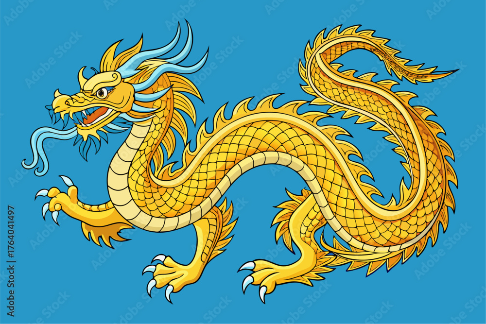 Fototapeta premium Traditional Chinese dragon statue and illustration pattern with golden oriental design and ancient symbol art on a wall for Asia culture mythology