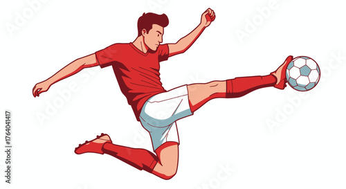 A dynamic vector illustration depicts a male athlete mid-air, powerfully kicking a football with precision and focus, set against a clean white background, showcasing sports action.