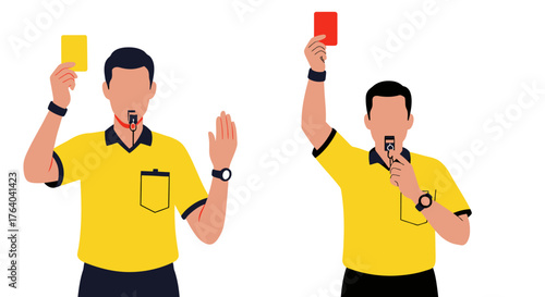 A referee signals a foul with a yellow and red card, indicating a penalty or ejection, in a vector illustration suitable for sports-themed designs.