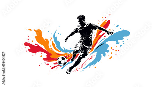 Dynamic vector illustration of a football player kicking a ball amidst vibrant, colorful splashes, perfect for sports-themed designs and promotional materials, isolated on white.