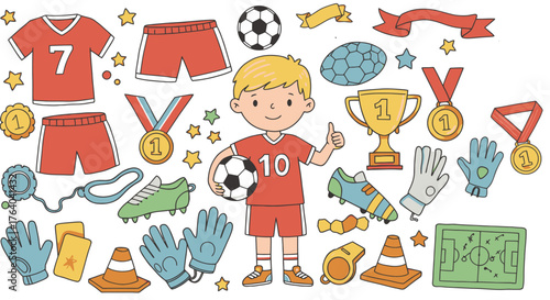 Whimsical cartoon illustration of a young boy holding a soccer ball surrounded by various football equipment and trophies, perfect for sports-themed designs.