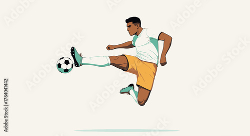 A dynamic male athlete in a white and yellow uniform expertly kicks a soccer ball mid-air, presented as a modern vector illustration on a plain background.