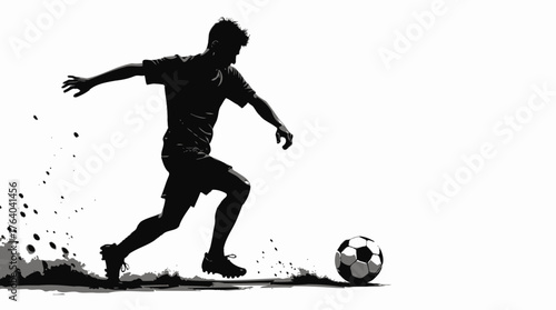 A dynamic black and white silhouette of a male football player powerfully kicking a soccer ball, isolated against a clean white background with motion effects.