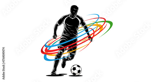 Dynamic silhouette of a soccer player dribbling a ball with colorful motion trails, representing the energy and speed of the game.