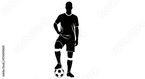 A stylized vector illustration depicts a soccer player standing confidently with his foot on the ball, showcasing a modern and minimalist design aesthetic.