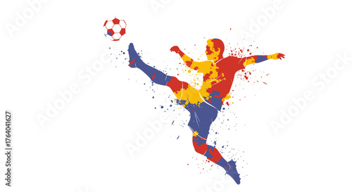 A dynamic vector illustration captures a soccer player mid-kick, rendered in a vibrant, artistic splatter style against a clean white background, perfect for sports-themed designs.