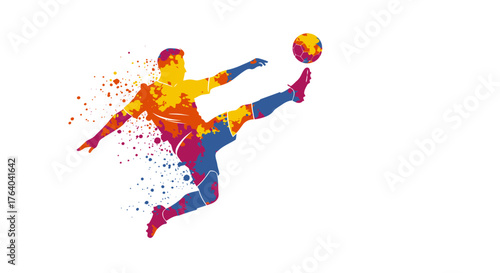 A vibrant, colorful vector illustration depicts a football player in mid-air, powerfully kicking a ball, creating a dynamic and energetic sports scene on white.